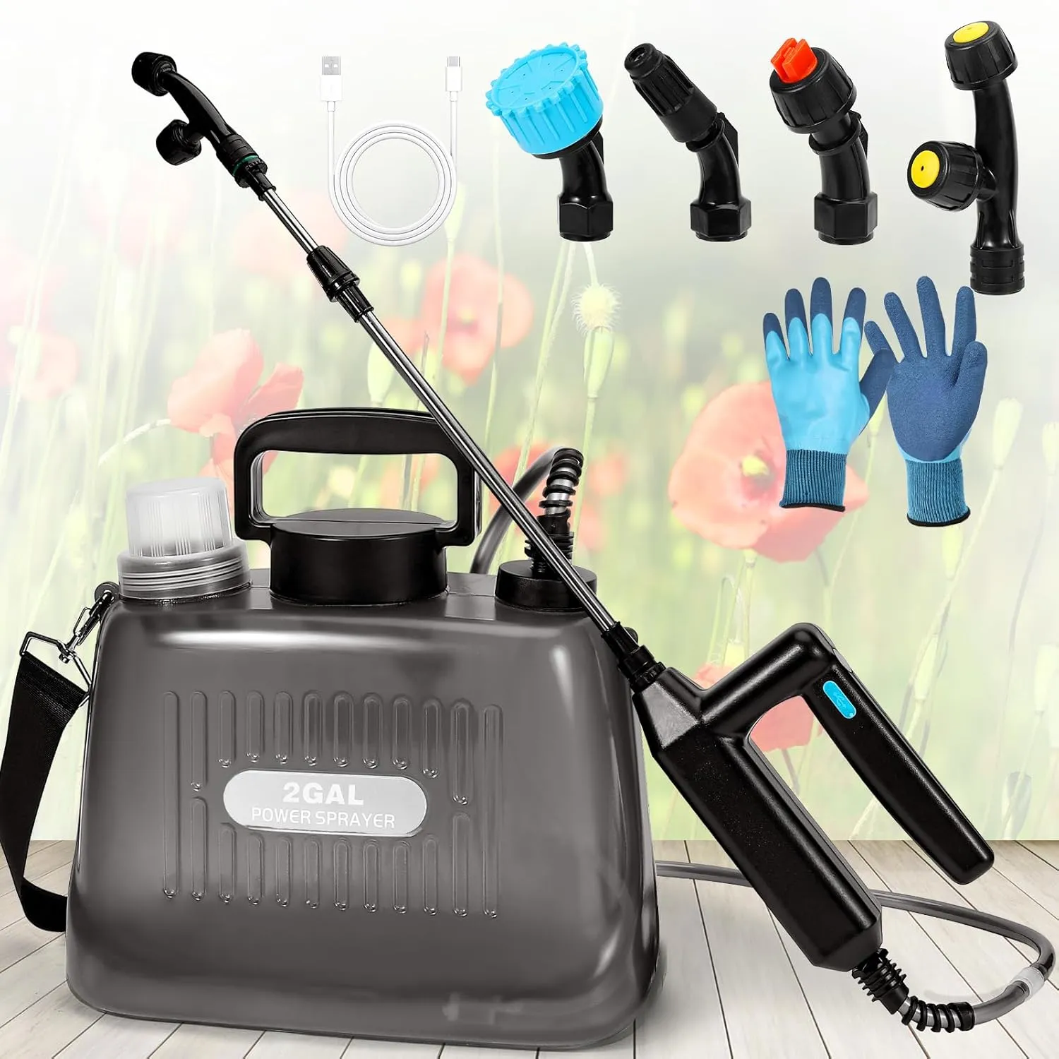 Battery Powered Sprayer 2 Gallons, Upgrade Electric Garden Sprayer with 4 Mist Nozzles,USB Rechargeable Handle,32in Telescopic Wand,1 Glove,Portable Garden Sprayer for Yard Lawn Garden