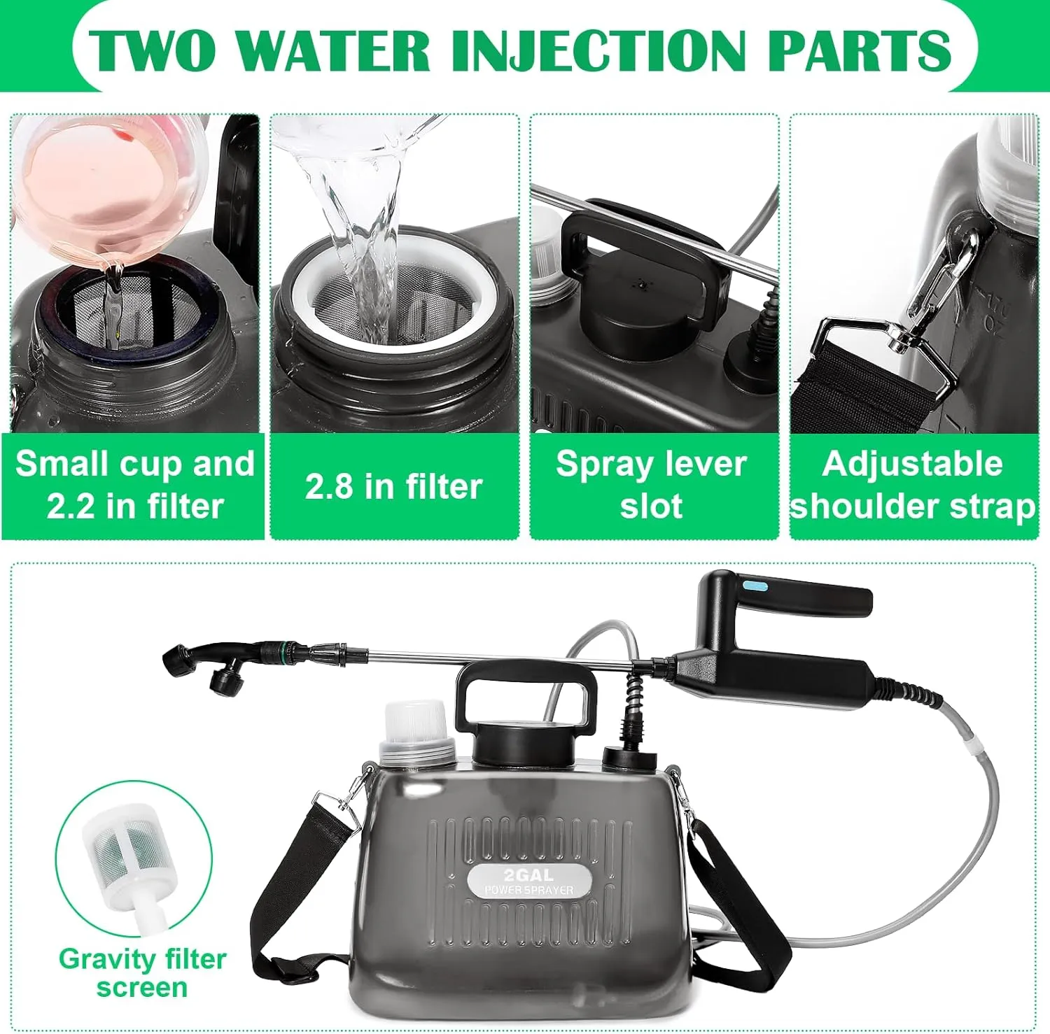 Battery Powered Sprayer 2 Gallons, Upgrade Electric Garden Sprayer with 4 Mist Nozzles,USB Rechargeable Handle,32in Telescopic Wand,1 Glove,Portable Garden Sprayer for Yard Lawn Garden