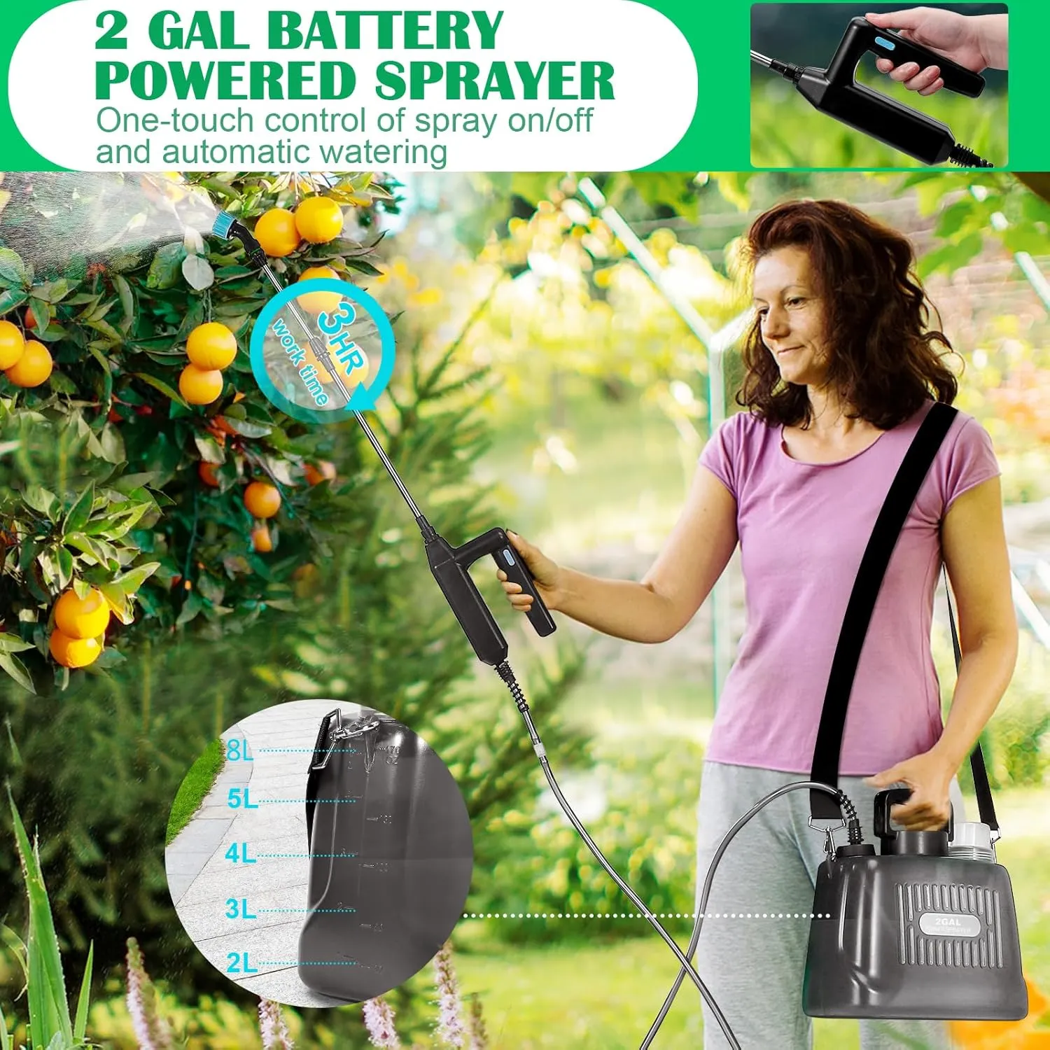 Battery Powered Sprayer 2 Gallons, Upgrade Electric Garden Sprayer with 4 Mist Nozzles,USB Rechargeable Handle,32in Telescopic Wand,1 Glove,Portable Garden Sprayer for Yard Lawn Garden