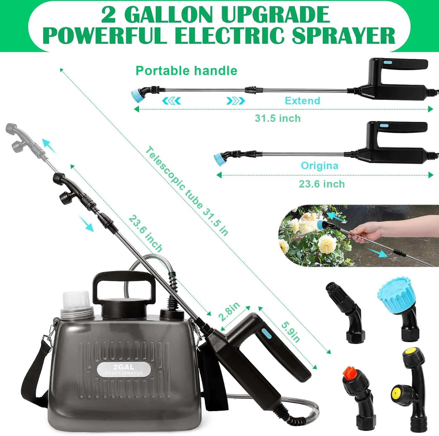 Battery Powered Sprayer 2 Gallons, Upgrade Electric Garden Sprayer with 4 Mist Nozzles,USB Rechargeable Handle,32in Telescopic Wand,1 Glove,Portable Garden Sprayer for Yard Lawn Garden