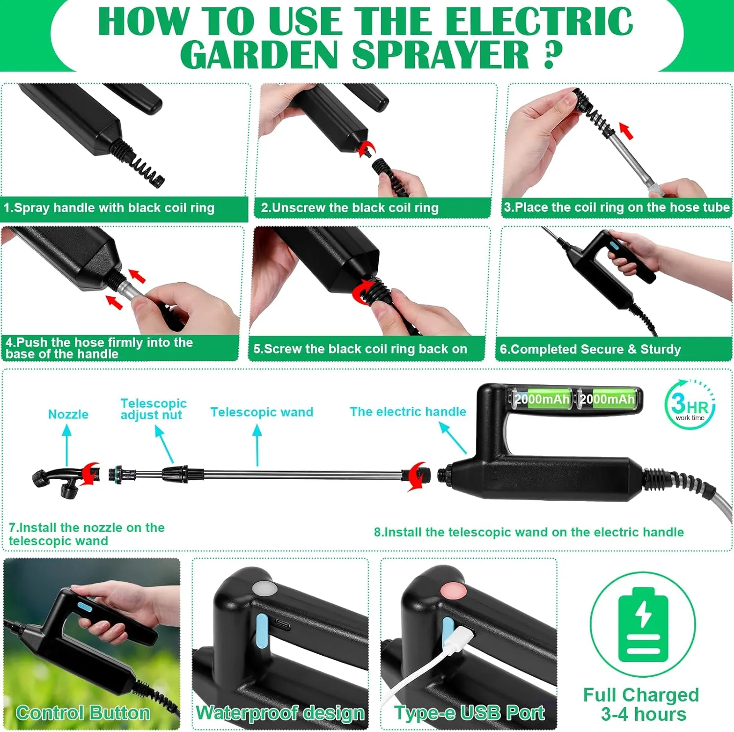 Battery Powered Sprayer 2 Gallons, Upgrade Electric Garden Sprayer with 4 Mist Nozzles,USB Rechargeable Handle,32in Telescopic Wand,1 Glove,Portable Garden Sprayer for Yard Lawn Garden