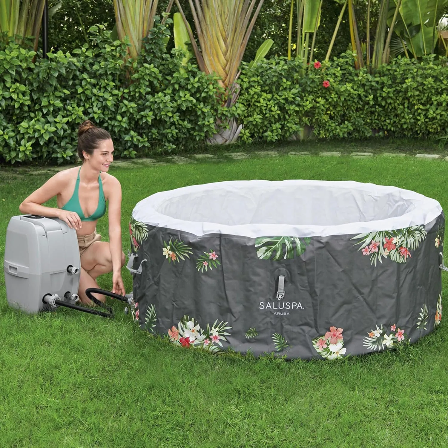 Bestway SaluSpa Aruba AirJet 2 to 3 Person Inflatable Hot Tub, 67 x 26 Inch Round Portable Outdoor Spa with 110 Soothing Jets and Cover, Gray
