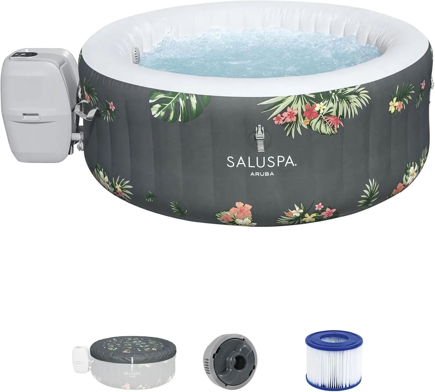 Bestway SaluSpa Aruba AirJet 2 to 3 Person Inflatable Hot Tub, 67 x 26 Inch Round Portable Outdoor Spa with 110 Soothing Jets and Cover, Gray