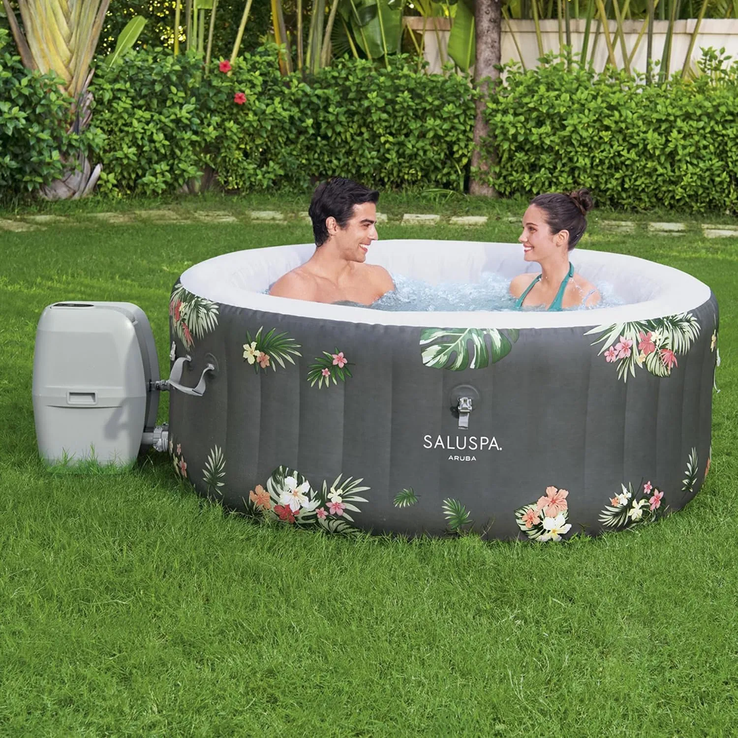 Bestway SaluSpa Aruba AirJet 2 to 3 Person Inflatable Hot Tub, 67 x 26 Inch Round Portable Outdoor Spa with 110 Soothing Jets and Cover, Gray