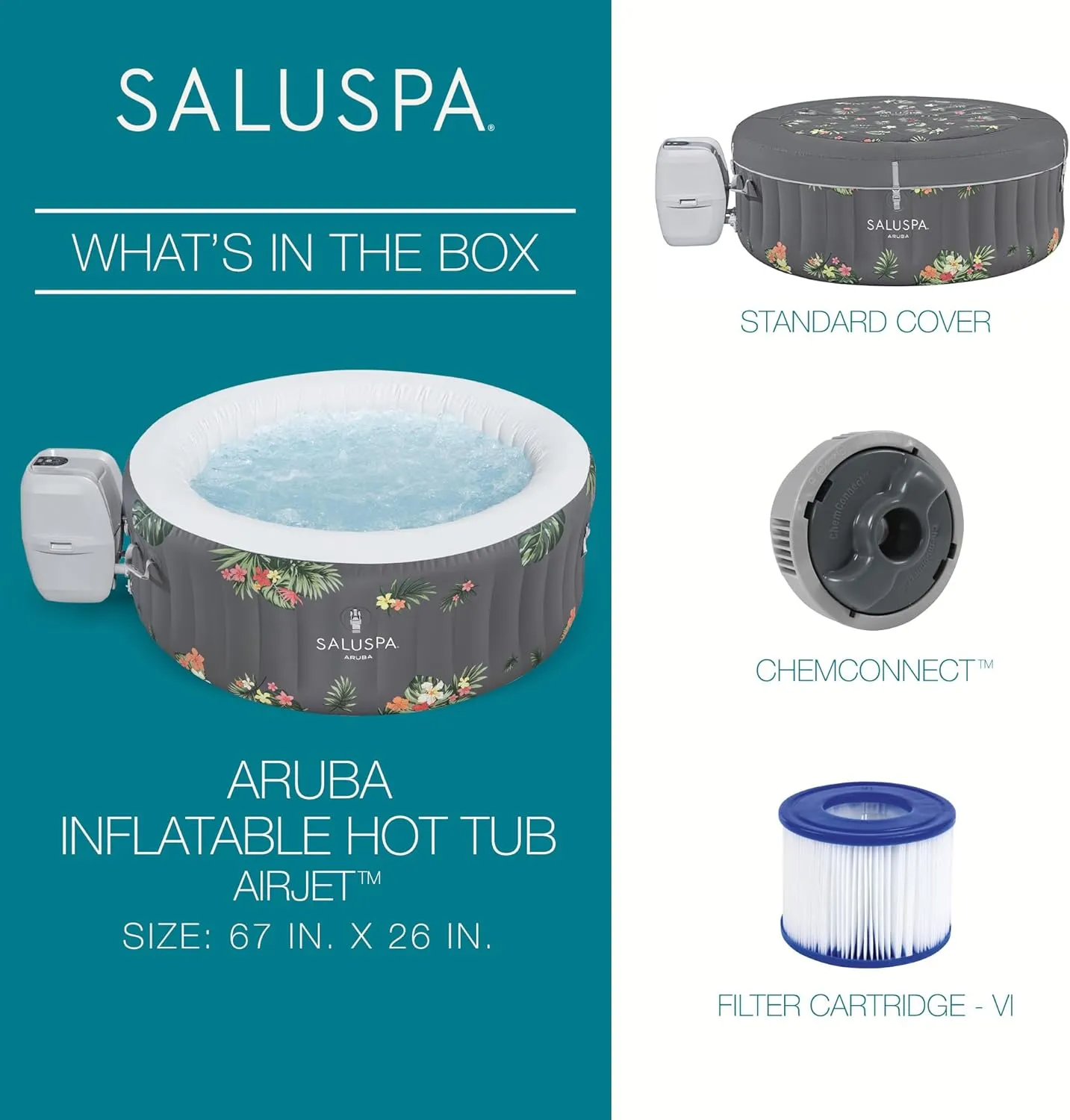 Bestway SaluSpa Aruba AirJet 2 to 3 Person Inflatable Hot Tub, 67 x 26 Inch Round Portable Outdoor Spa with 110 Soothing Jets and Cover, Gray