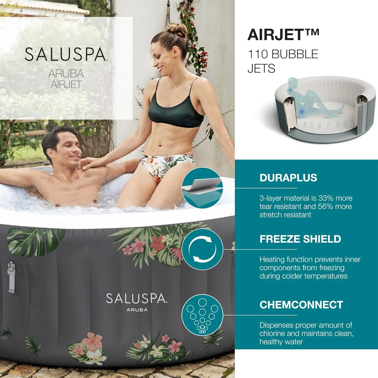 Bestway SaluSpa Aruba AirJet 2 to 3 Person Inflatable Hot Tub, 67 x 26 Inch Round Portable Outdoor Spa with 110 Soothing Jets and Cover, Gray