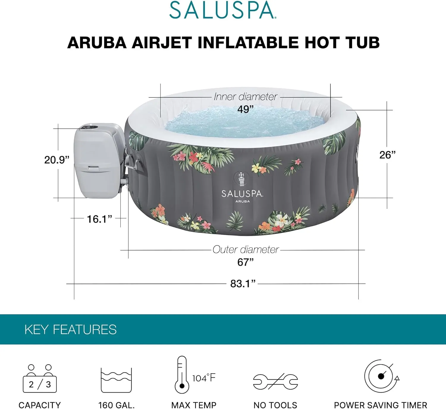 Bestway SaluSpa Aruba AirJet 2 to 3 Person Inflatable Hot Tub, 67 x 26 Inch Round Portable Outdoor Spa with 110 Soothing Jets and Cover, Gray