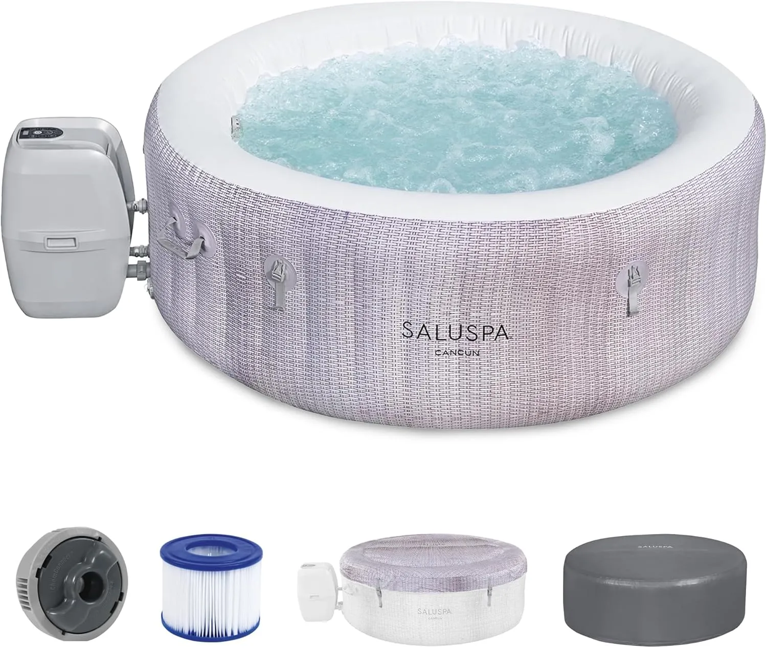 Bestway SaluSpa Cancun 71" x 26" Inflatable Hot Tub Round Portable Outdoor Spa with 120 AirJets and EnergySense Energy Saving Cover, Grey