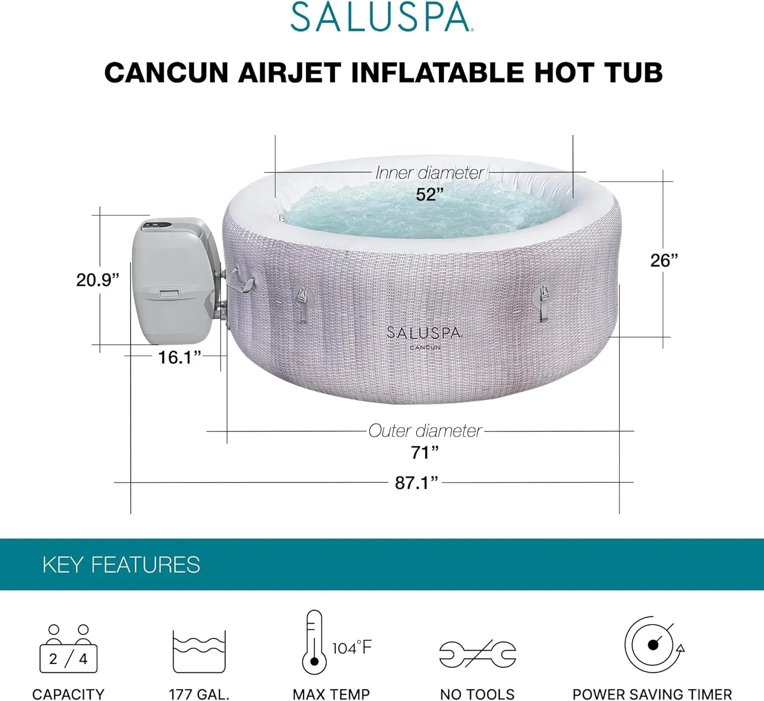 Bestway SaluSpa Cancun AirJet 2 to 4 Person Inflatable Hot Tub, 71 x 26 Inch Round Portable Outdoor Spa with 120 Soothing Jets and Cover, Gray