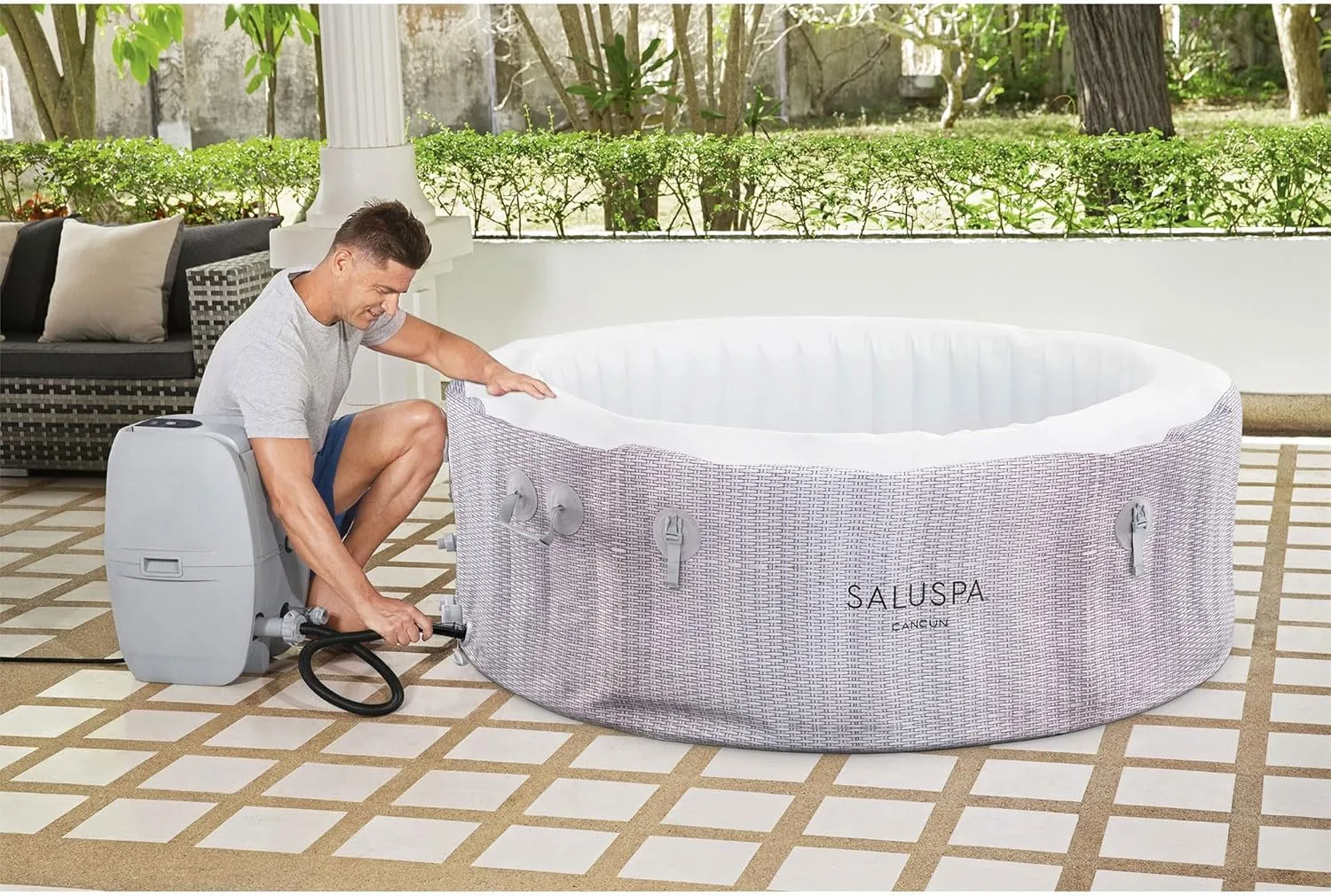 Bestway SaluSpa Cancun AirJet 2 to 4 Person Inflatable Hot Tub, 71 x 26 Inch Round Portable Outdoor Spa with 120 Soothing Jets and Cover, Gray