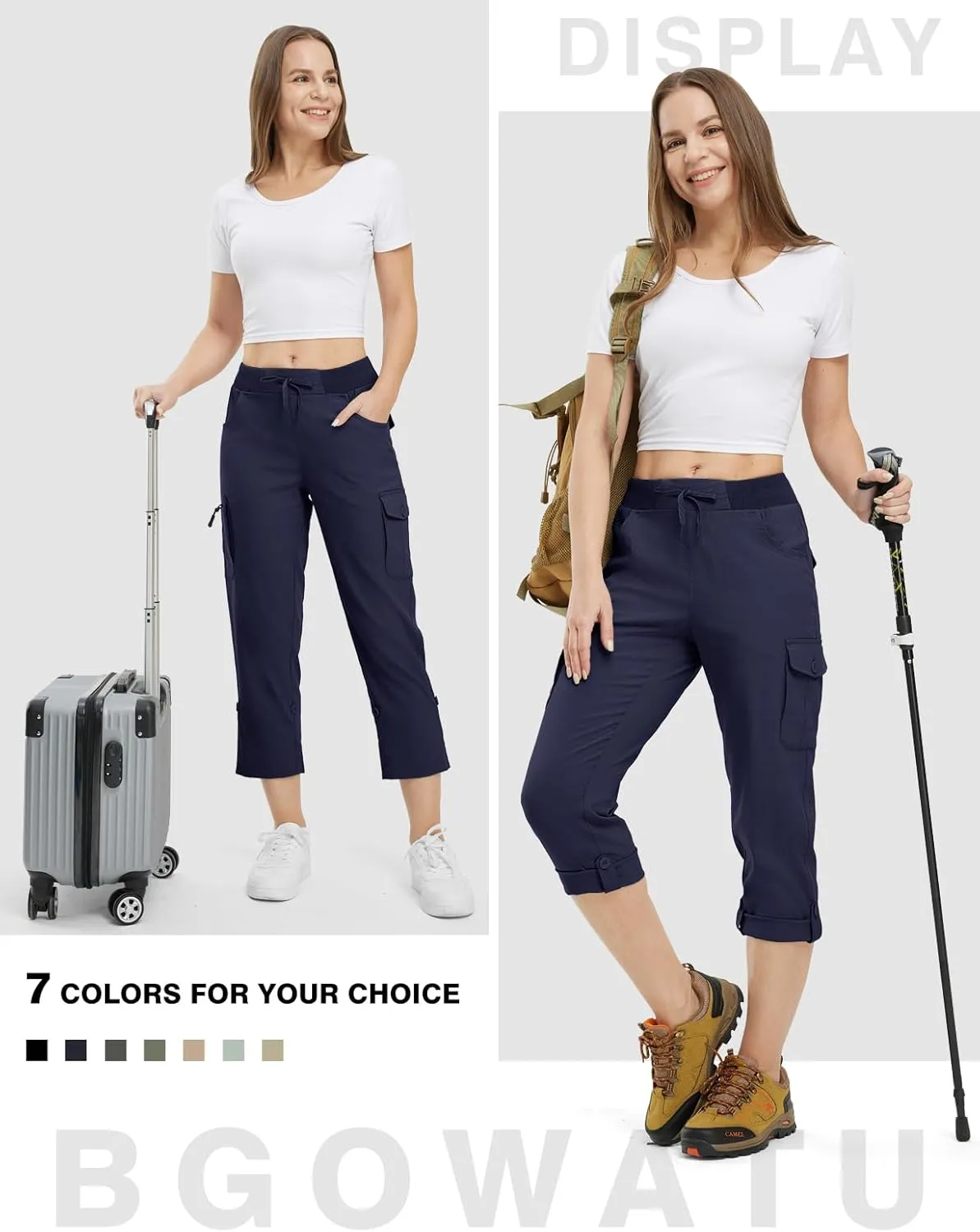 BGOWATU Women's Capris Lightweight Cargo Hiking Pants with 6 Pockets Quick Dry Summer Outdoor Casual Travel Roll Up Pants