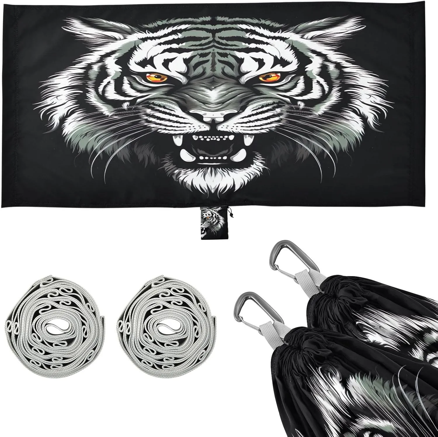 Black & White Tiger Camping Hammock, 330 lbs with 2 Tree Straps, Carry Bag, Single Portable Hammock for Outdoor/Indoor, Hiking, Beach, Backpacking, Travel
