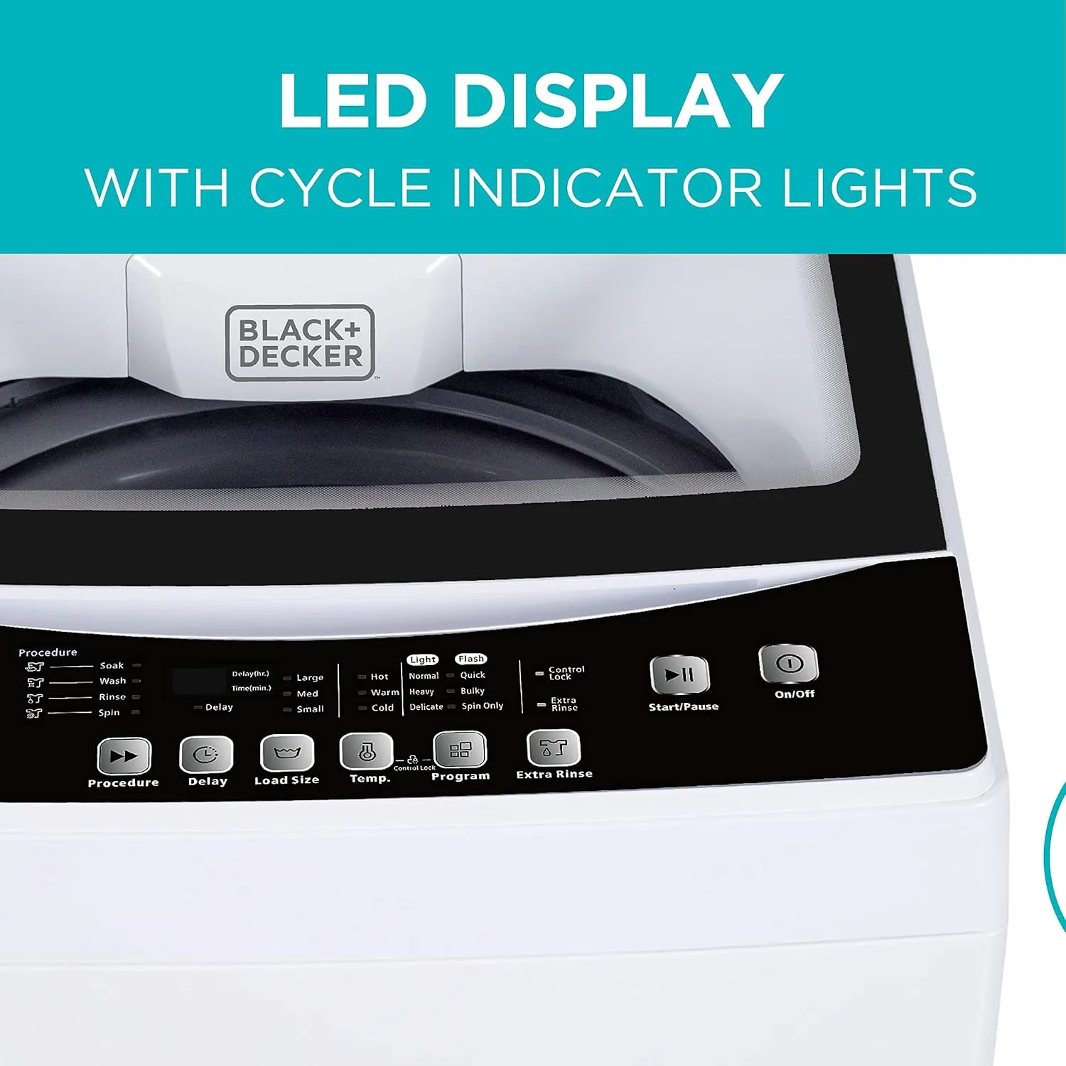 BLACK DECKER 3.0 Cu. Ft. Portable Washer, 26.5 lb. Capacity Washing Machine, 6 Cycles, Quick Connect Sink Adapter and Drain Hose Included, Transparent Lid & LED Display, BPW30MW, White