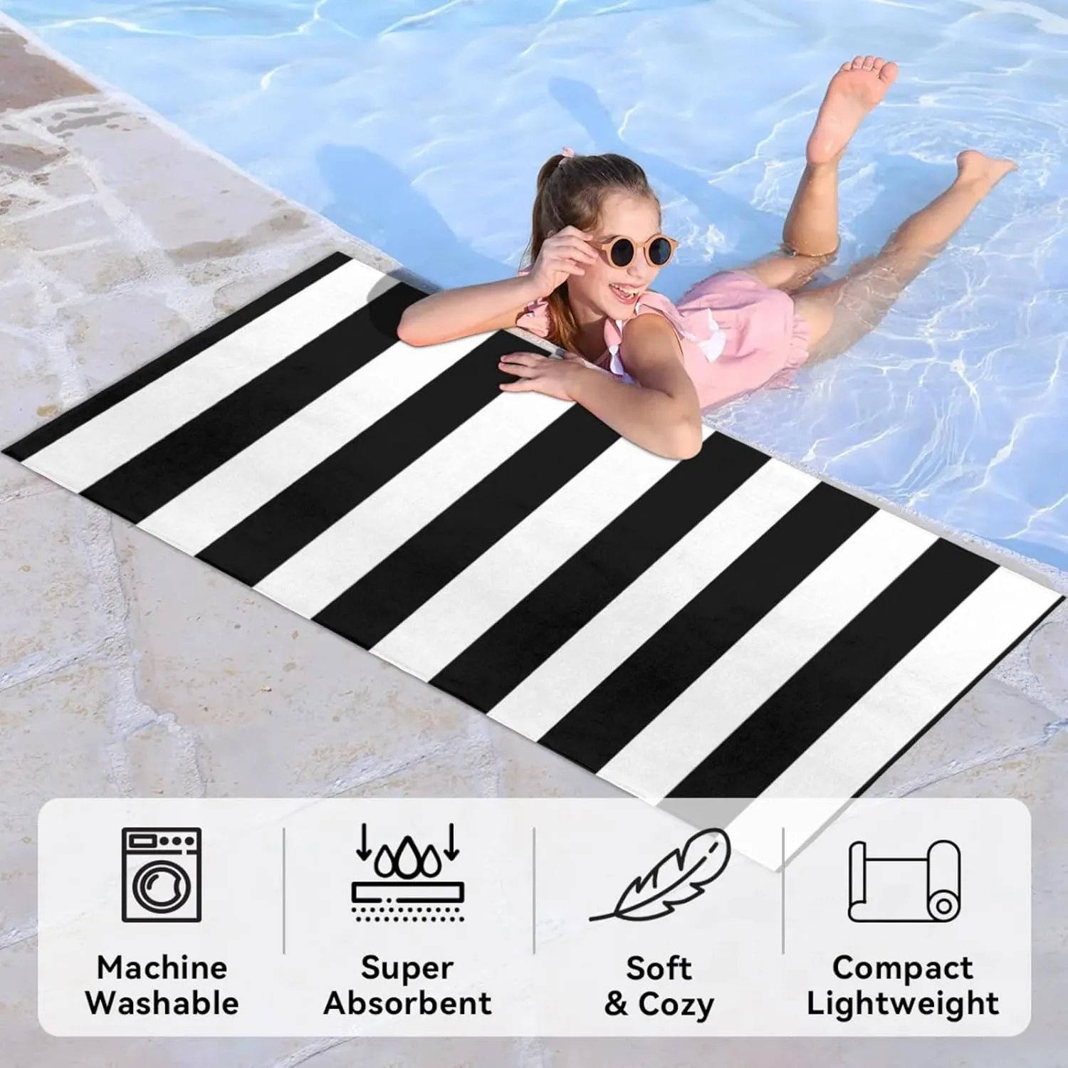 Black White Stripe Kids Beach Towels for Boys Girls Pool Swimming Towels Quick Dry Absorbent Microfiber Soft Blanket for Camping Travel Shower Towel