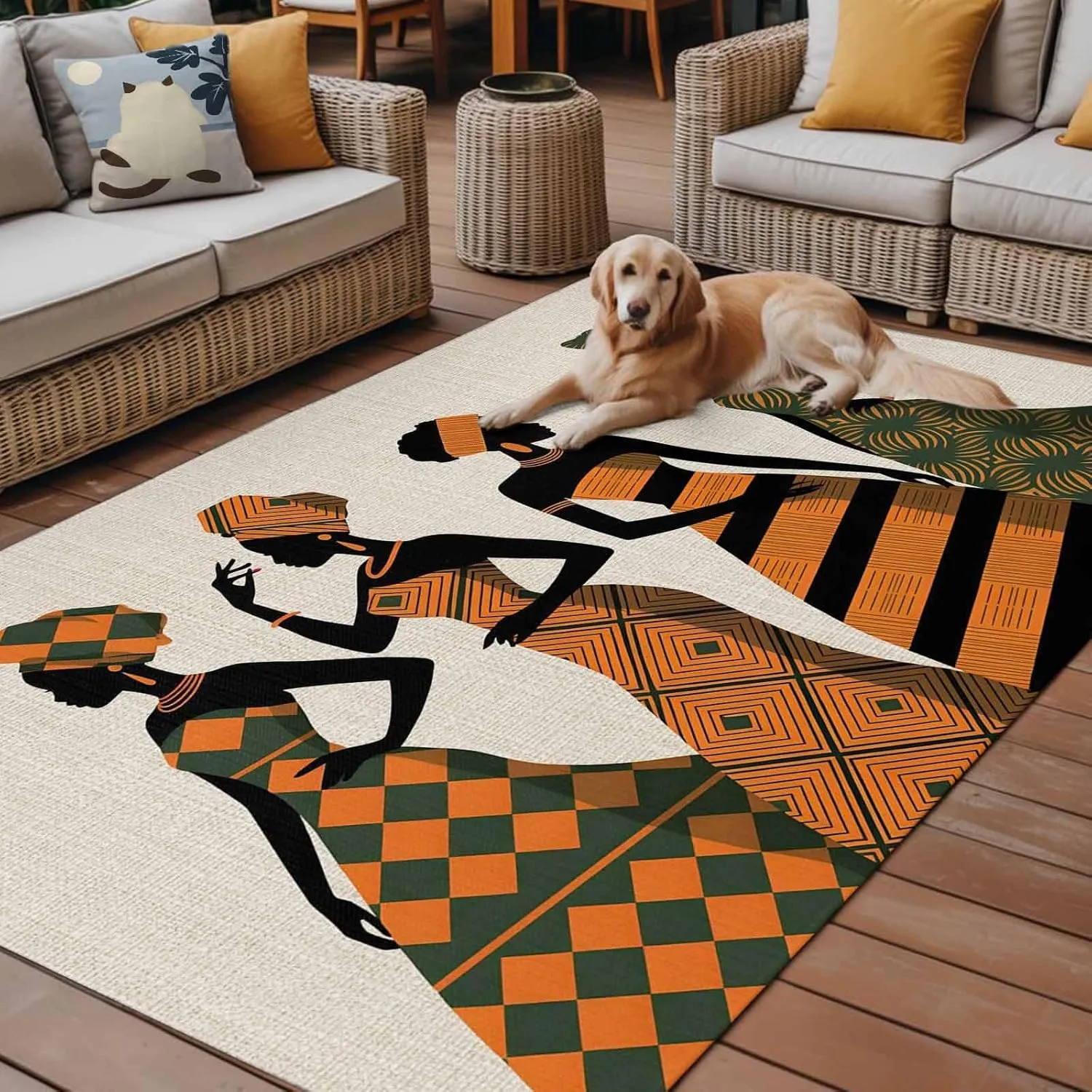 Black Women Outdoor Rug 6x9ft Large Patio Rug,Washable RV Camping Outside Area Runner Rug Mat,Boho Retro Tribal Southwestern Stripe Indoor Outdoor Carpet for Picnic Backyard Deck Porch Balcony Beach