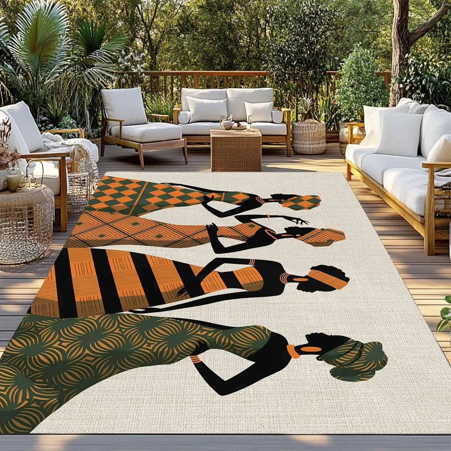 Black Women Outdoor Rug 6x9ft Large Patio Rug,Washable RV Camping Outside Area Runner Rug Mat,Boho Retro Tribal Southwestern Stripe Indoor Outdoor Carpet for Picnic Backyard Deck Porch Balcony Beach