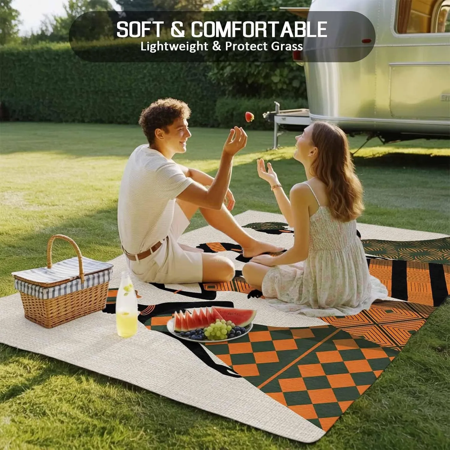 Black Women Outdoor Rug 6x9ft Large Patio Rug,Washable RV Camping Outside Area Runner Rug Mat,Boho Retro Tribal Southwestern Stripe Indoor Outdoor Carpet for Picnic Backyard Deck Porch Balcony Beach