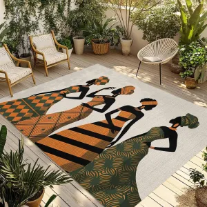 Black Women Outdoor Rug 6x9ft Large Patio Rug,Washable RV Camping Outside Area Runner Rug Mat,Boho Retro Tribal Southwestern Stripe Indoor Outdoor Carpet for Picnic Backyard Deck Porch Balcony Beach