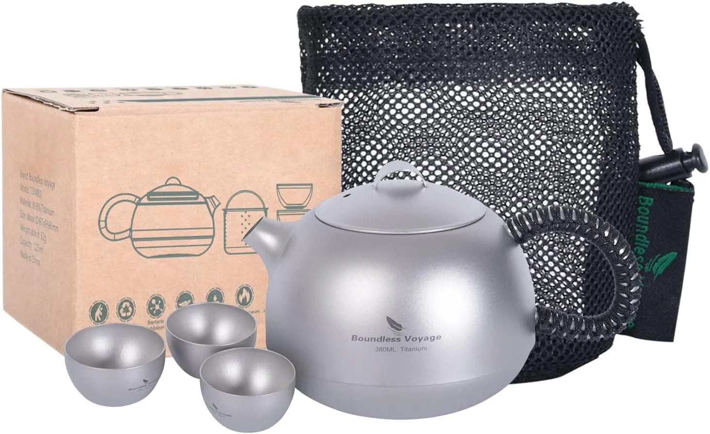 Boundless Voyage 380ml Titanium Mini Kettle with Filter  3pcs 25ml Cups Ultralight Cup Teapot Set Camping Coffee Tea Water Maker Ti3109D (no Storage Bag)