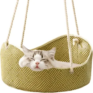Breathable Pet Cage Hammock with Metal Hooks Rattan and Bamboo Woven Cat Hammock Indoor Outdoor Pet Bed for Sleeping Playing Climbing and Resting for Kittens Rabbits Puppies