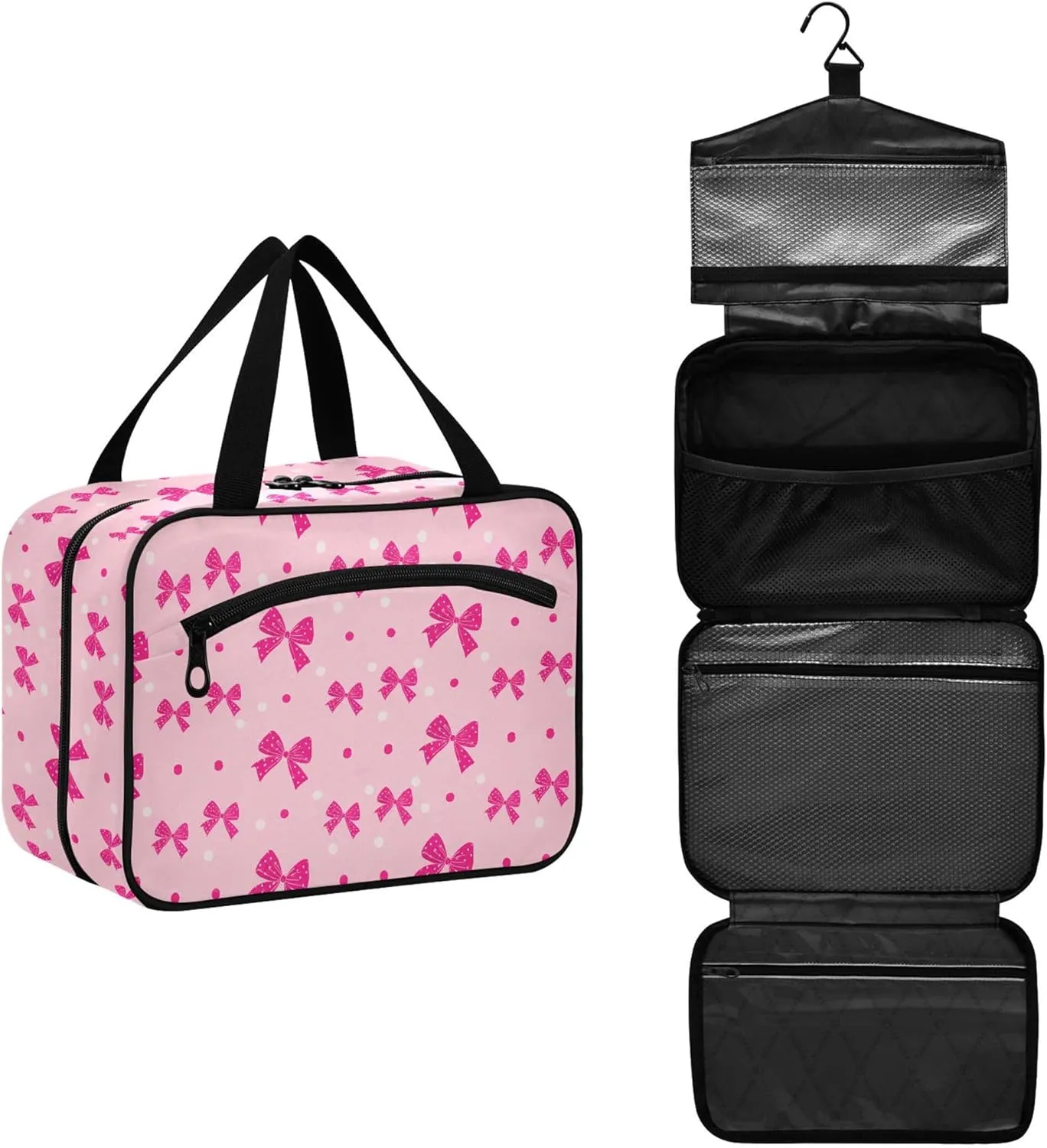 Bright Pink Bows and Polka Dots Travel Toiletry Bag for Women & men Hanging Portable Toiletry Bag Large Capacity Travel Bag for Hold Cosmetics Skin Care Products Toiletries Large