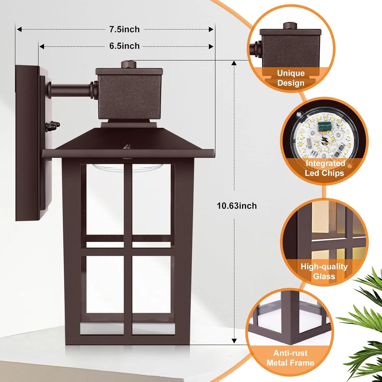 Brightever Outdoor Wall Light Fixture, LED Exterior Wall Lantern Waterproof, 10W 800LM High Brightness, 3000K/4000K/6500K Selectable Brown Patio Wall Lights for House 1 Pack