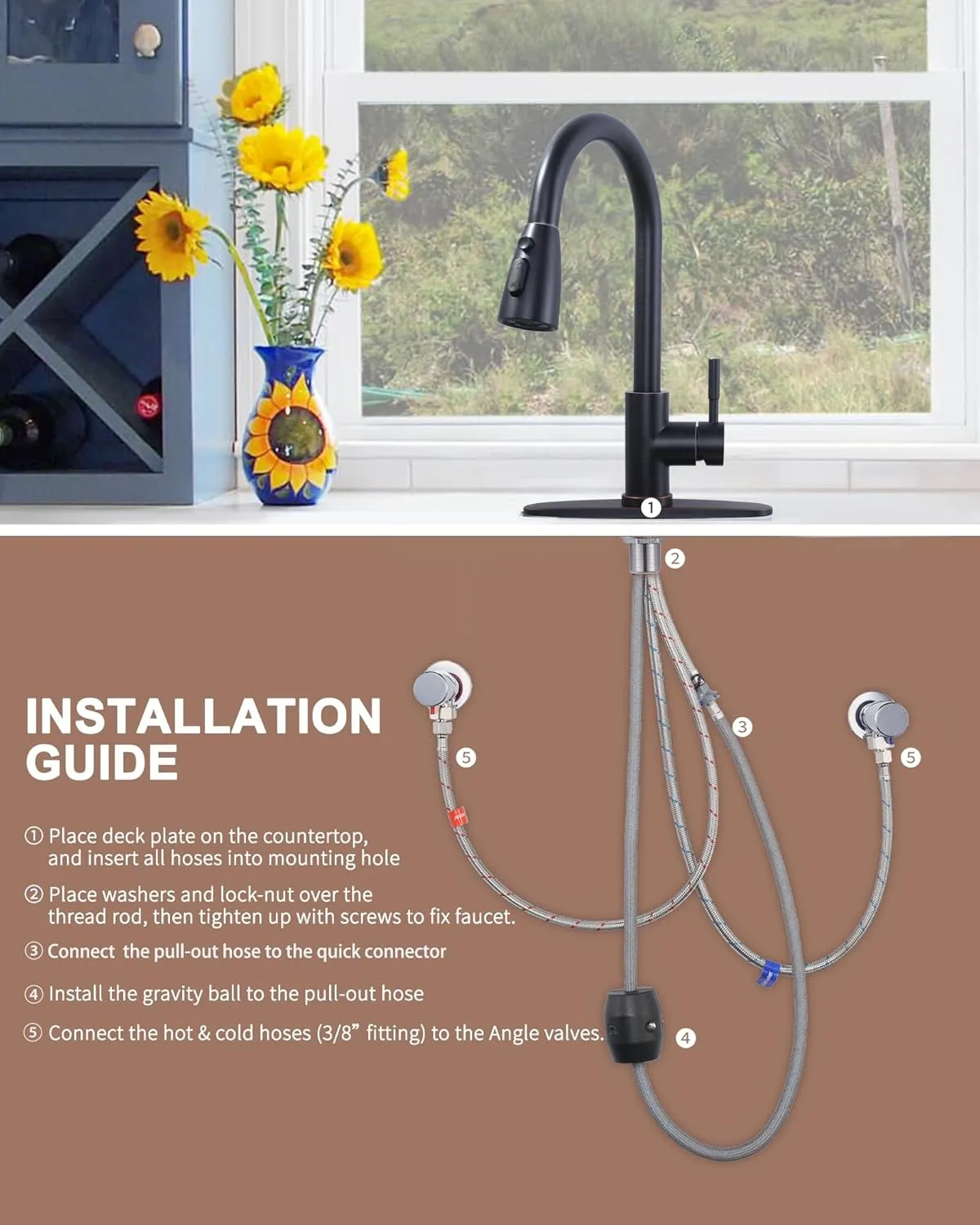 Bronze Kitchen Faucet with Sprayer, WOWOW Stainless Steel Kitchen Sink Faucet Oil Rubbed Bronze, High Arc Pull Down Kitchen Faucets for Sink