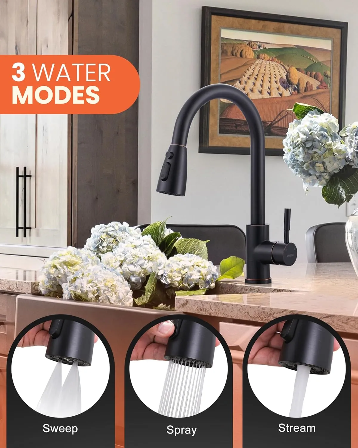 Bronze Kitchen Faucet with Sprayer, WOWOW Stainless Steel Kitchen Sink Faucet Oil Rubbed Bronze, High Arc Pull Down Kitchen Faucets for Sink