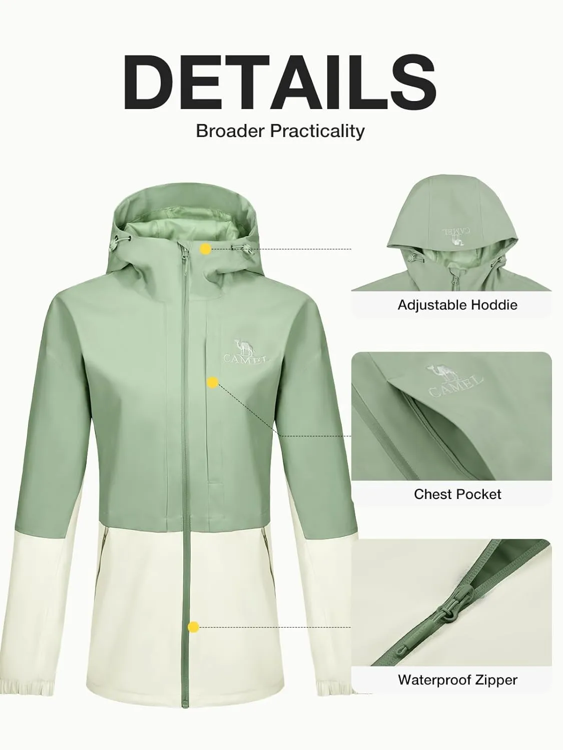 CAMEL Women's Waterproof Rain Jacket Lightweight Raincoat Hooded Softshell Windbreaker for Hiking Travel Outdoor