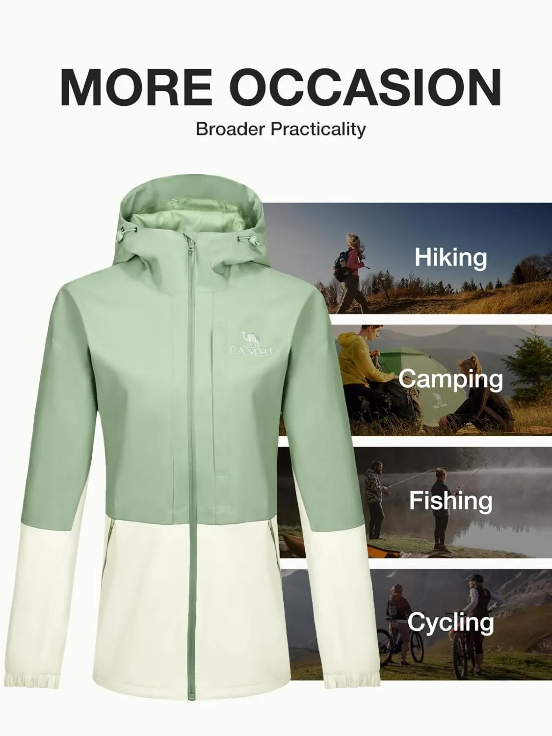 CAMEL Women's Waterproof Rain Jacket Lightweight Raincoat Hooded Softshell Windbreaker for Hiking Travel Outdoor