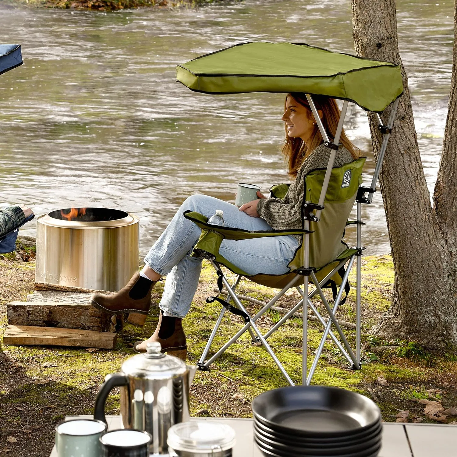 CAMP & GO Portable Max Shade Quad Camping Chair, Cup and Cell Phone Holders and Carrying Bag Included, 36" W x 30" D x 42" H, Moss