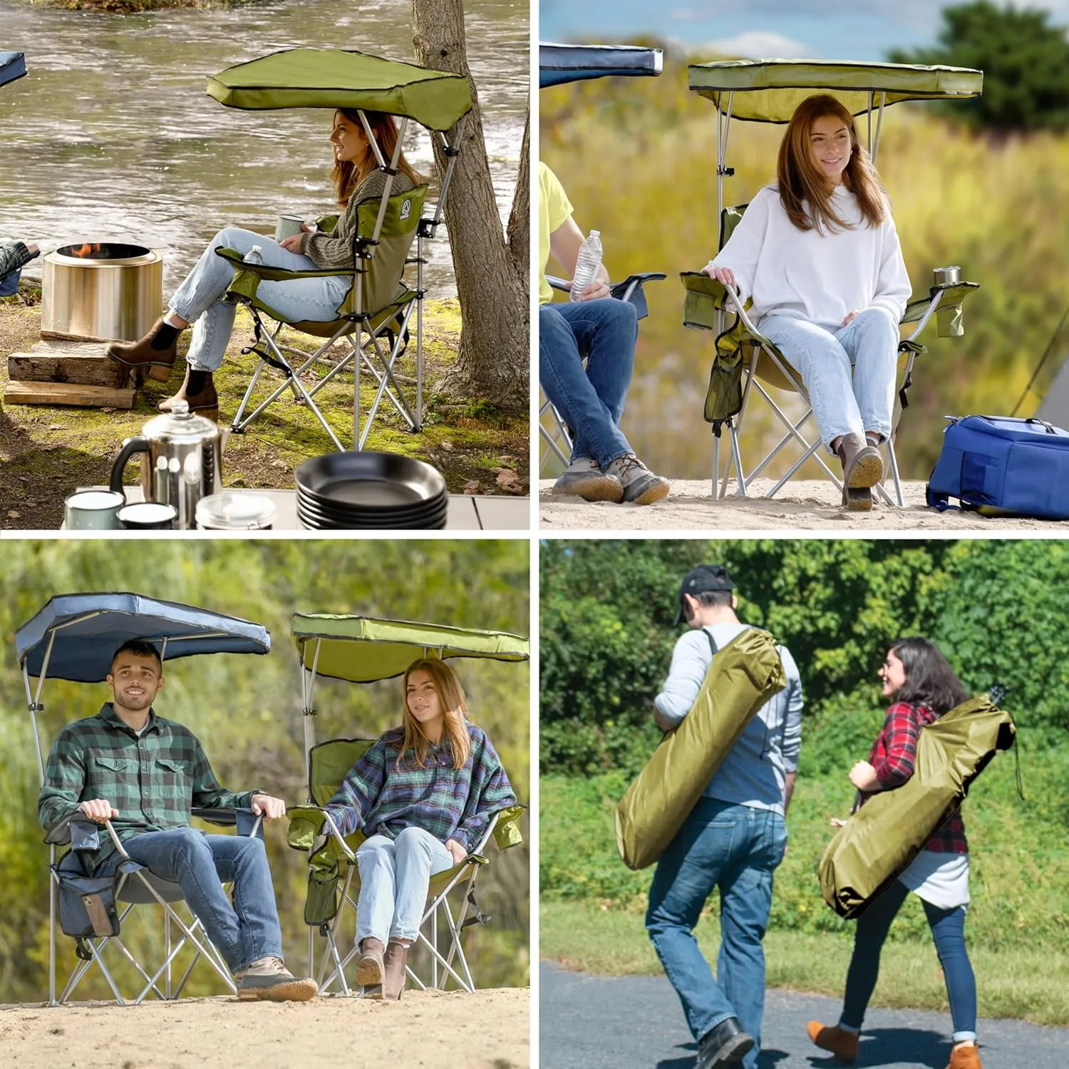 CAMP & GO Portable Max Shade Quad Camping Chair, Cup and Cell Phone Holders and Carrying Bag Included, 36" W x 30" D x 42" H, Moss