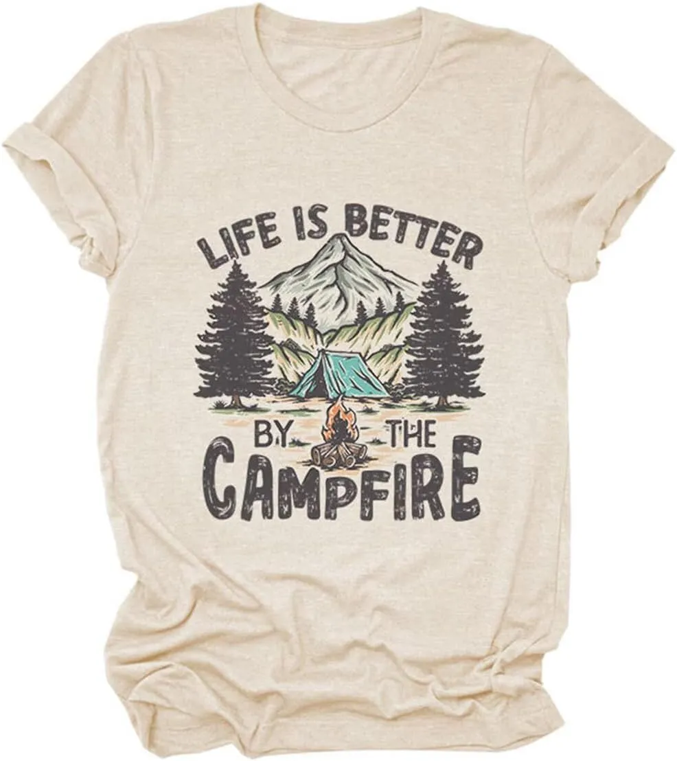 Camp Lover Life Shirt, Life is Better by The Campfire T-Shirt for Camper Hiking Short Sleeve Family Trip Tee Tops
