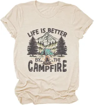 Camp Lover Life Shirt, Life is Better by The Campfire T-Shirt for Camper Hiking Short Sleeve Family Trip Tee Tops
