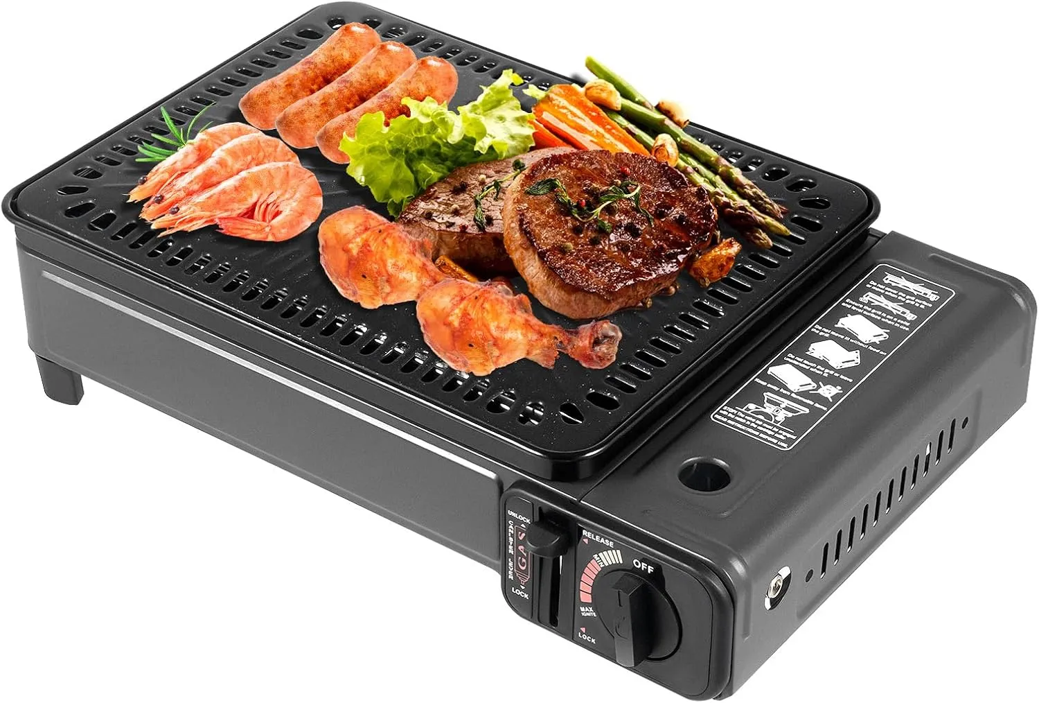 Camping Bbq Grill, Portable Gas Grill Butane Stove Free Standing Butane Grill Stove with Grilling Net Carry Case for Camping Traveling Outdoor Cooking