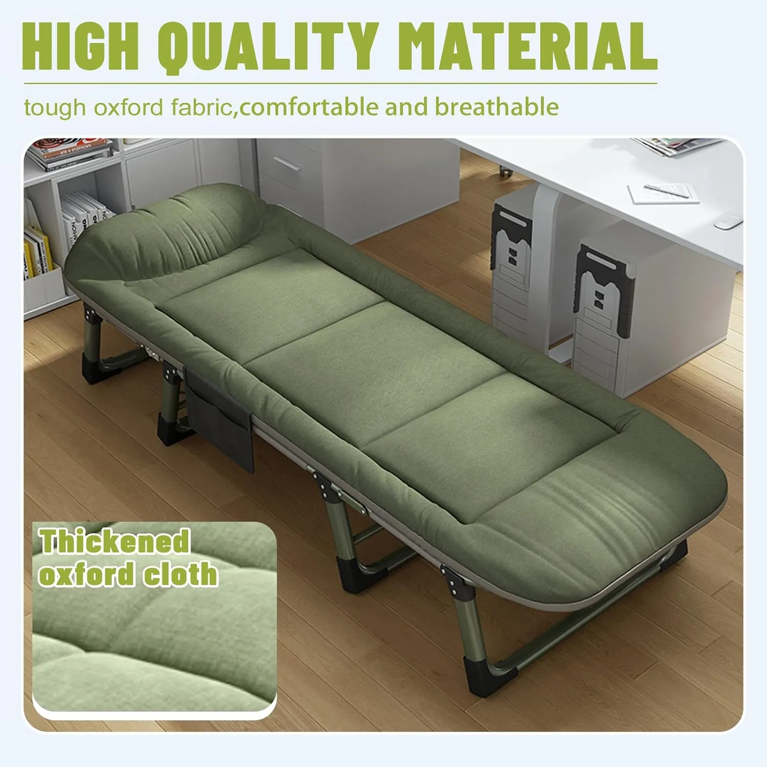 Camping Cots for Adults with 6 Adjustable Positions Portable Folding Sleeping Cot with Pillow Heavy Duty Strong Frame Cot Bed for Camp, Travel, Room, Office (Green, Large-74 in)