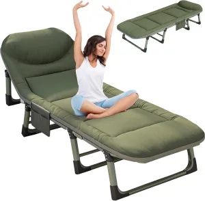 Camping Cots for Adults with 6 Adjustable Positions Portable Folding Sleeping Cot with Pillow Heavy Duty Strong Frame Cot Bed for Camp, Travel, Room, Office (Green, Large-74 in)