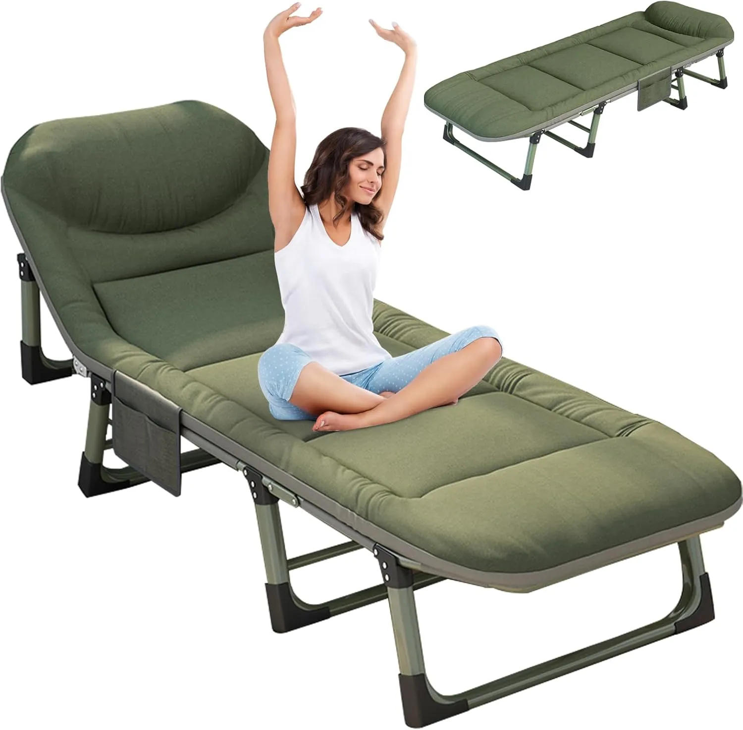 Camping Cots for Adults with 6 Adjustable Positions Portable Folding Sleeping Cot with Pillow Heavy Duty Strong Frame Cot Bed for Camp, Travel, Room, Office (Green, Large-74 in)