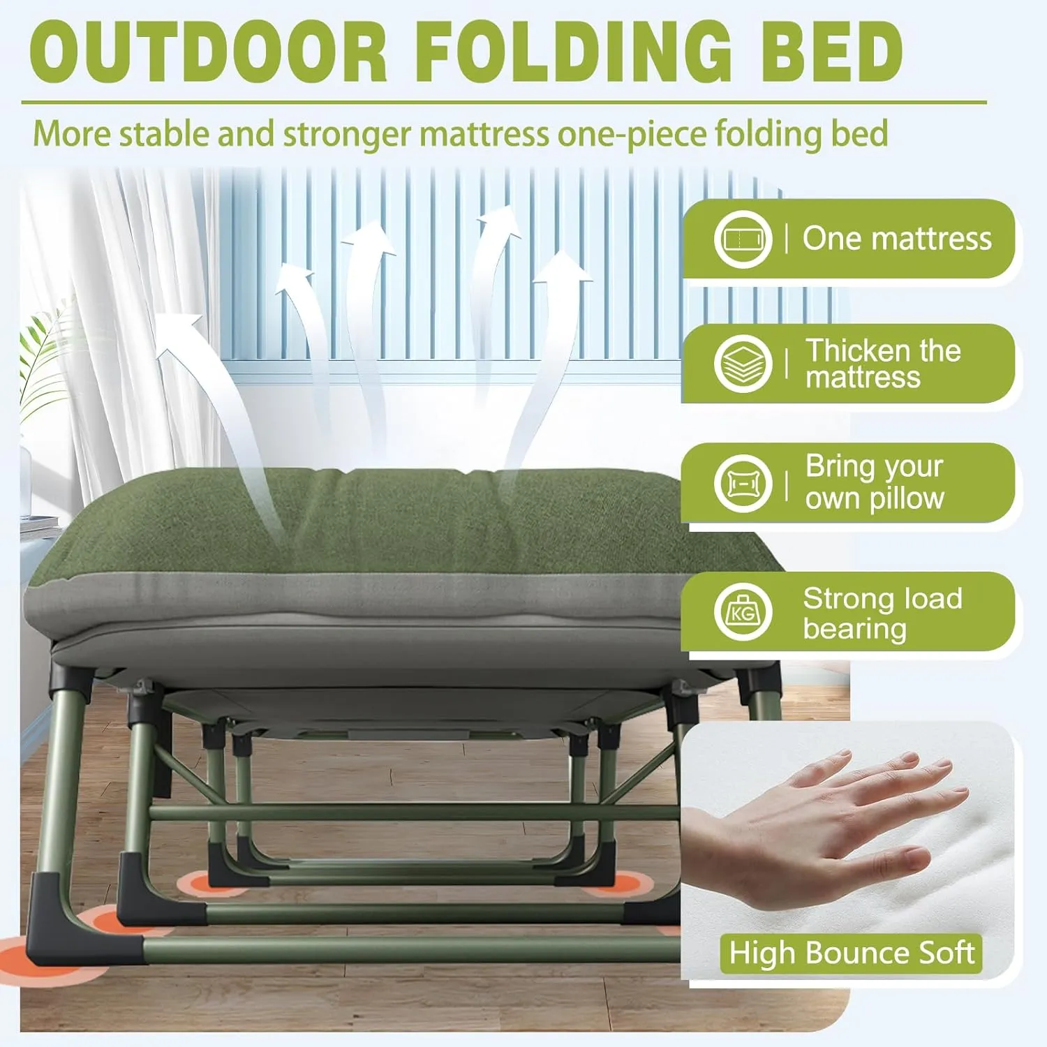 Camping Cots for Adults with 6 Adjustable Positions Portable Folding Sleeping Cot with Pillow Heavy Duty Strong Frame Cot Bed for Camp, Travel, Room, Office (Green, Large-74 in)