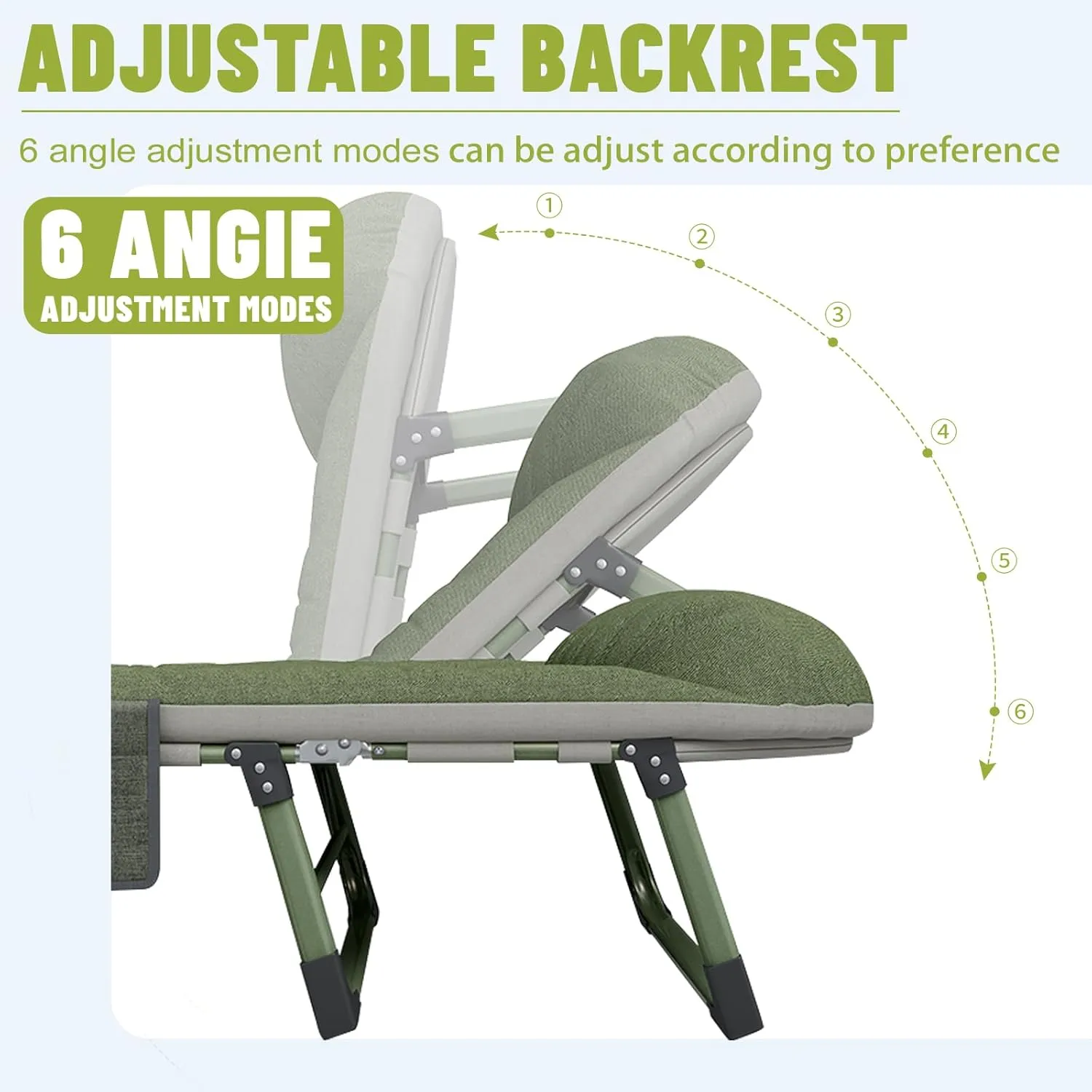 Camping Cots for Adults with 6 Adjustable Positions Portable Folding Sleeping Cot with Pillow Heavy Duty Strong Frame Cot Bed for Camp, Travel, Room, Office (Green, Large-74 in)