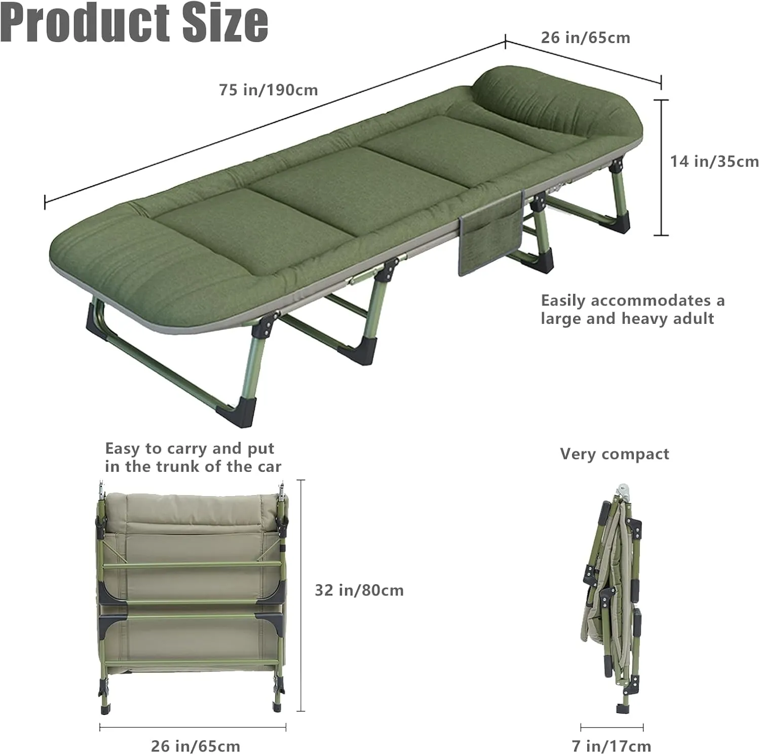 Camping Cots for Adults with 6 Adjustable Positions Portable Folding Sleeping Cot with Pillow Heavy Duty Strong Frame Cot Bed for Camp, Travel, Room, Office (Green, Large-74 in)