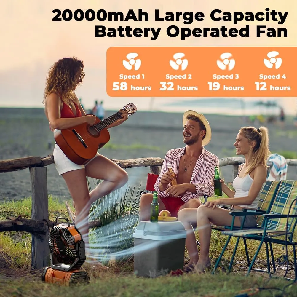 Camping Fan - 20000mAh Battery Powered Fan Rechargeable with LED Lantern - Portable Outdoor Tent Fans with Hanging Hook 4 Speeds Wind Remote Control