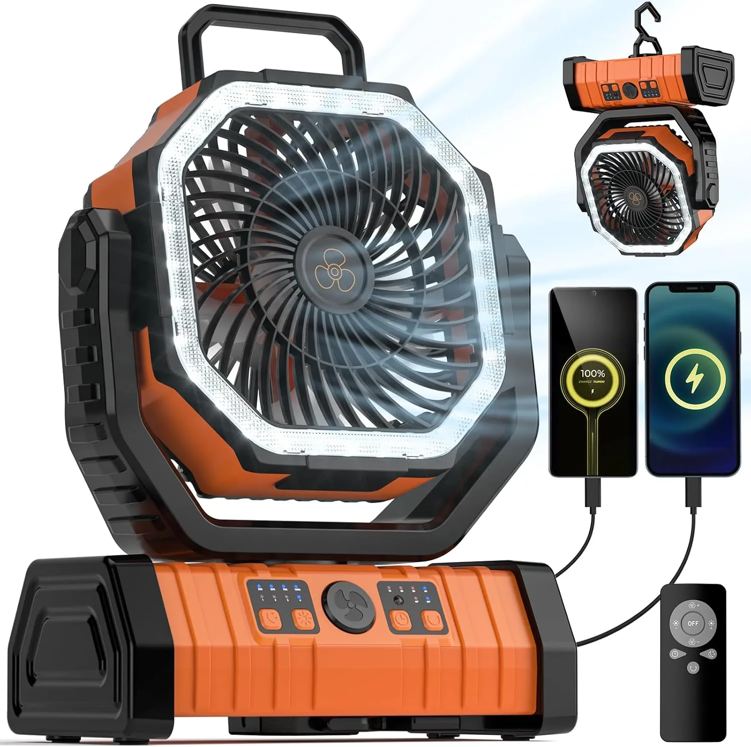 Camping Fan - 20000mAh Battery Powered Fan Rechargeable with LED Lantern - Portable Outdoor Tent Fans with Hanging Hook 4 Speeds Wind Remote Control