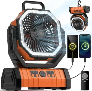 Camping Fan - 20000mAh Battery Powered Fan Rechargeable with LED Lantern - Portable Outdoor Tent Fans with Hanging Hook 4 Speeds Wind Remote Control