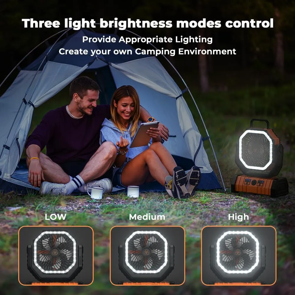 Camping Fan - 20000mAh Battery Powered Fan Rechargeable with LED Lantern - Portable Outdoor Tent Fans with Hanging Hook 4 Speeds Wind Remote Control