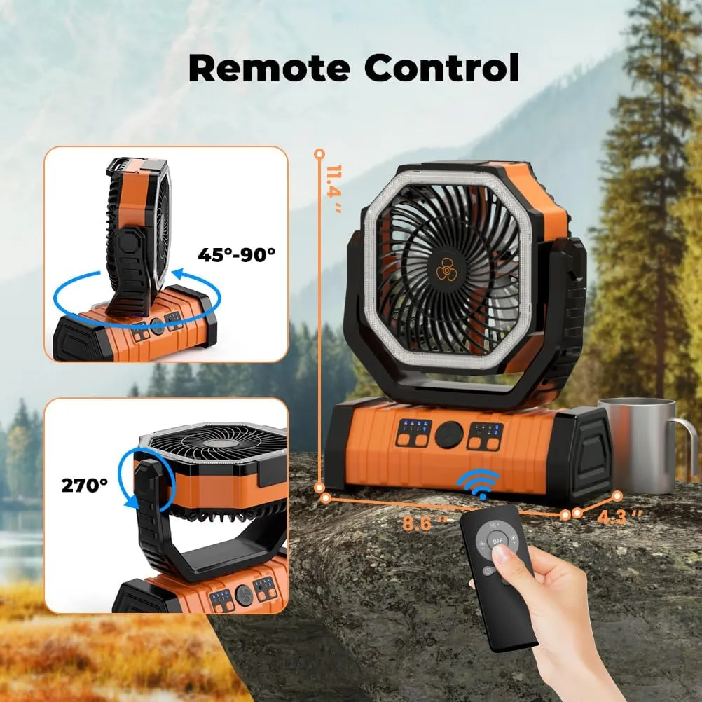 Camping Fan - 20000mAh Battery Powered Fan Rechargeable with LED Lantern - Portable Outdoor Tent Fans with Hanging Hook 4 Speeds Wind Remote Control