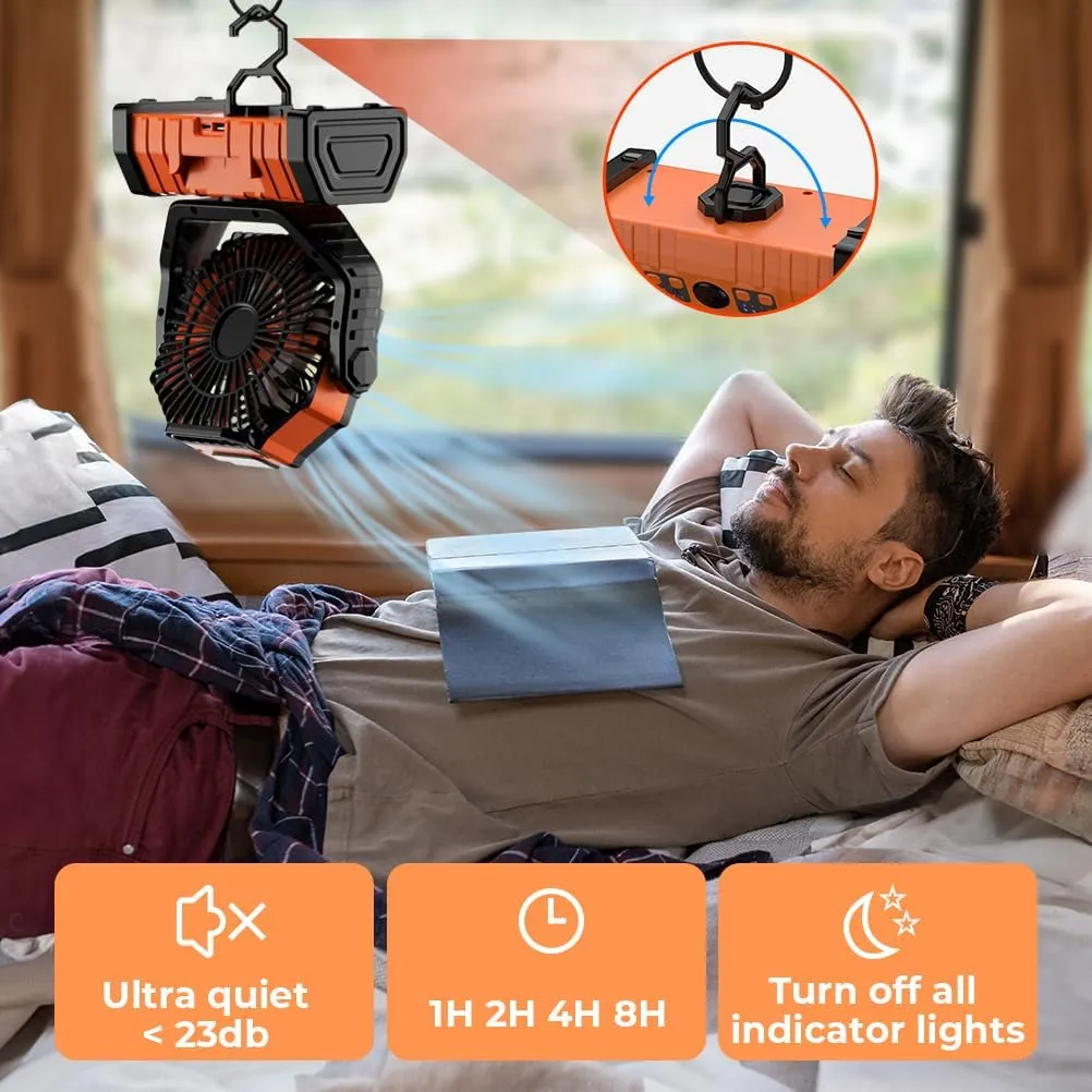 Camping Fan - 20000mAh Battery Powered Fan Rechargeable with LED Lantern - Portable Outdoor Tent Fans with Hanging Hook 4 Speeds Wind Remote Control