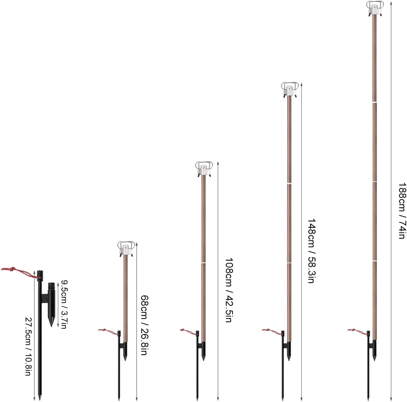 Camping Folding Lamp Pole 16mm Thick Aluminum Poles, Two Metal Hooks for Camping, Hiking, Fishing, Coffee Color