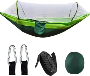 Camping Hammock and Portable Travel Outdoor Hanging Sleeping Hammock with Mosquito Net Single and Double Size Nylon Fabric for Terrace, Outdoor(Double Green)