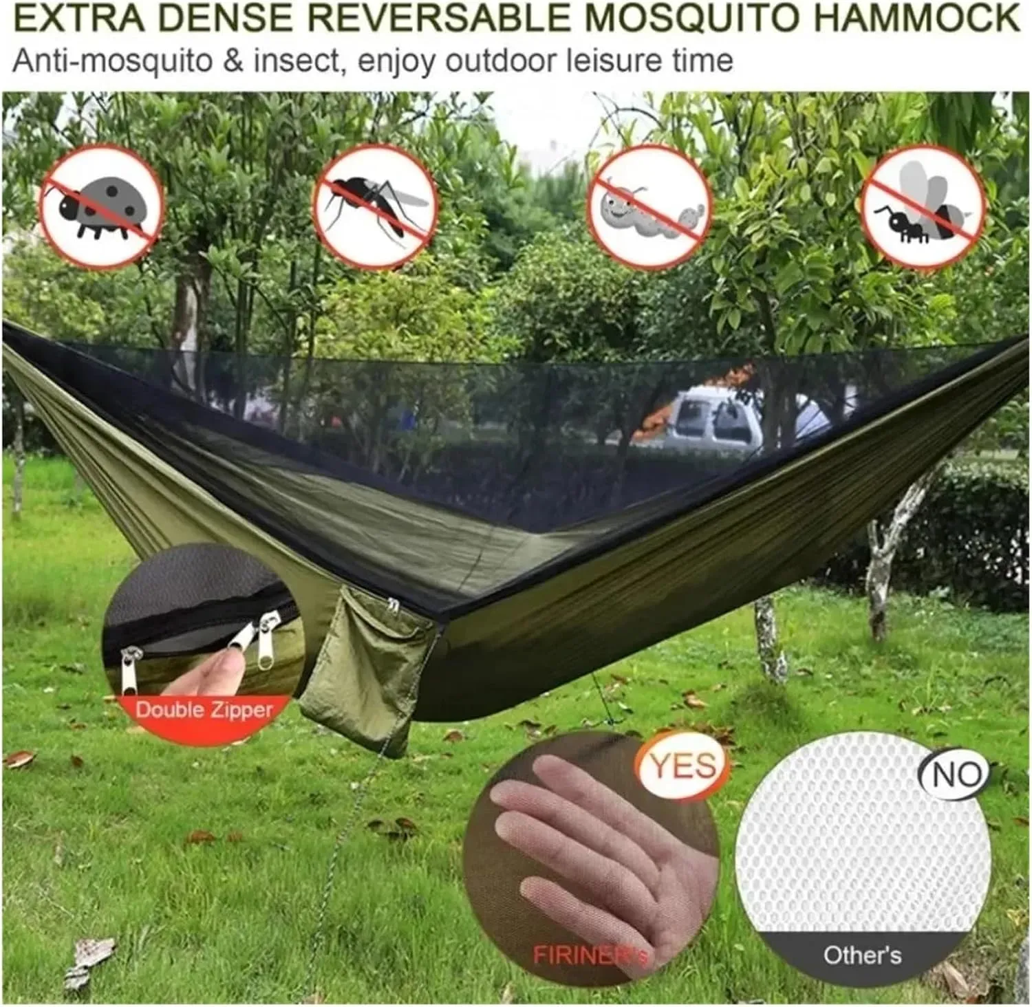 Camping Hammock and Portable Travel Outdoor Hanging Sleeping Hammock with Mosquito Net Single and Double Size Nylon Fabric for Terrace, Outdoor(Double Green)